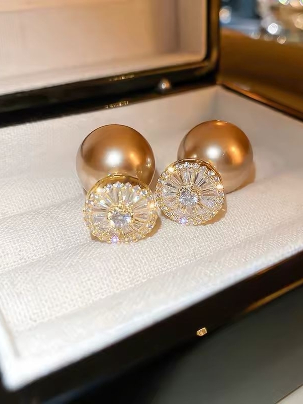 Gold Pearl and Crystal Double-Sided Stud Earrings
